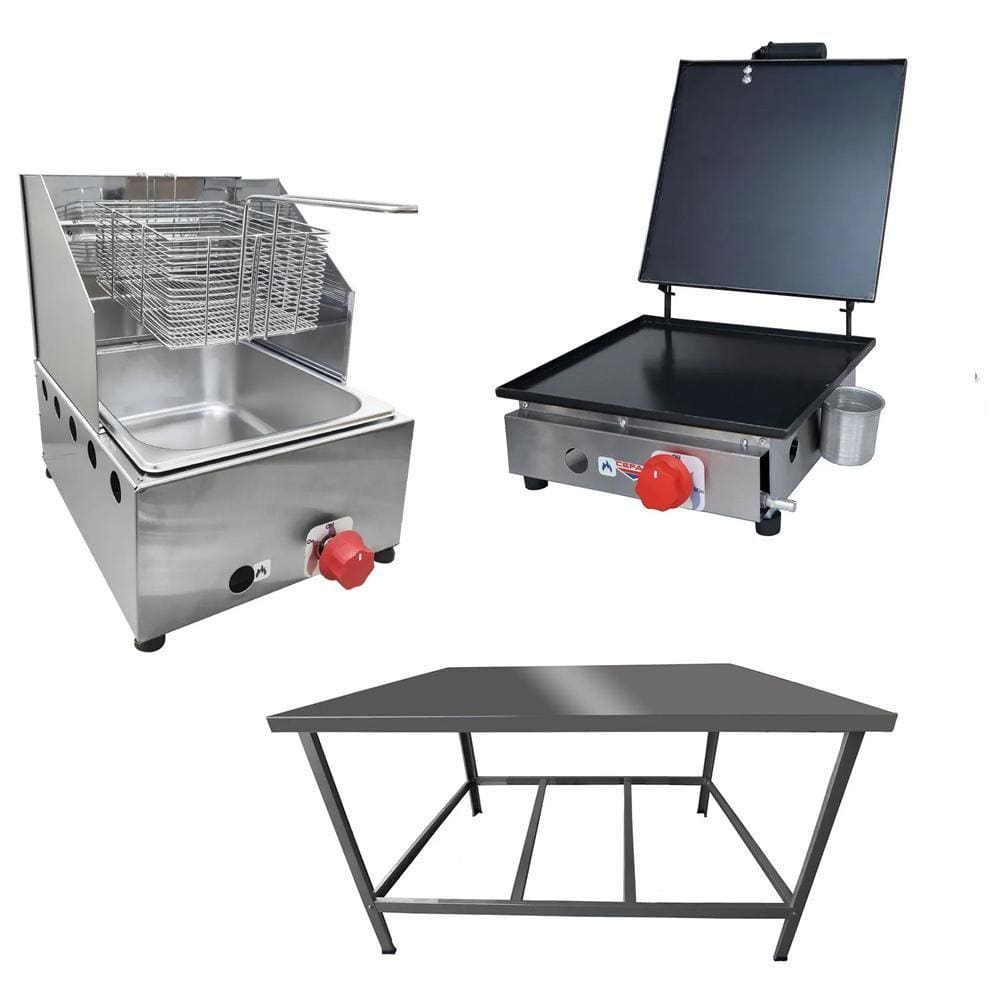 Kit Lanchonete Mesa de Manipulação 100x55cm + Fritadeira a Gás 1 Cuba + Chapa a Gás 30cm Alcamar