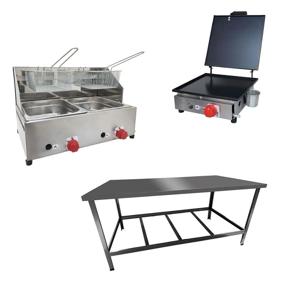 Kit Lanchonete Mesa de Manipulação 120x55cm + Fritadeira a Gás 2 Cuba + Chapa a Gás 30cm Alcamar