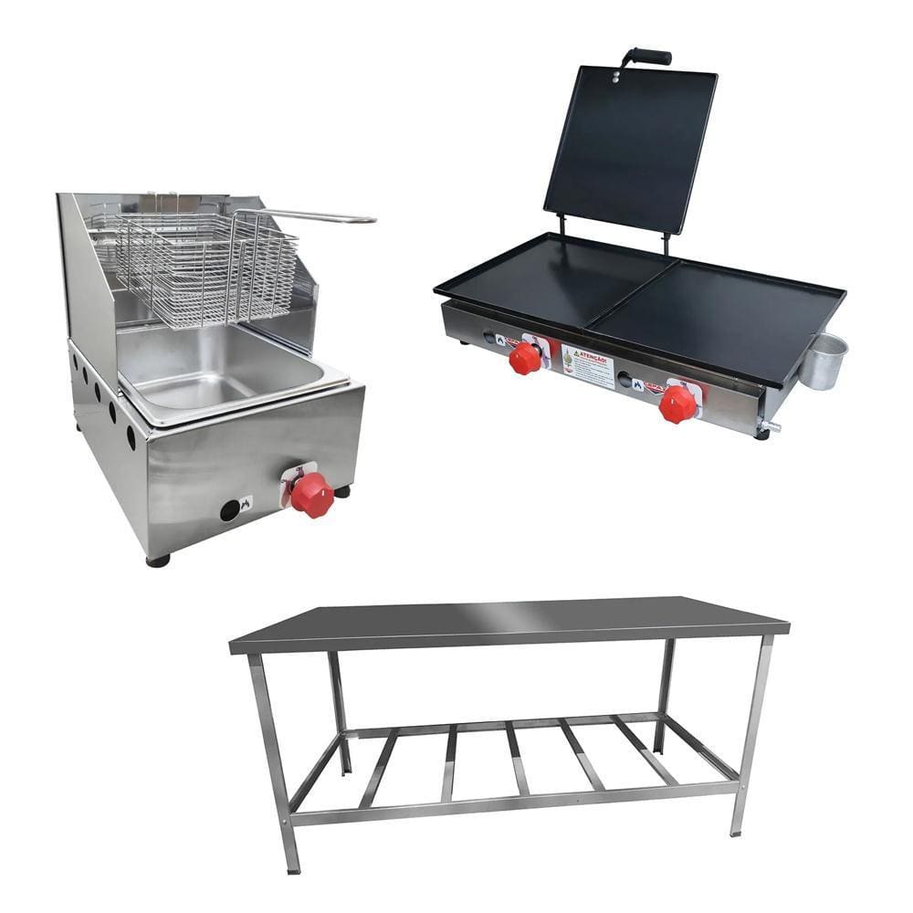 Kit Lanchonete Mesa de Manipulação 190x70cm + Fritadeira a Gás 1 Cuba + Chapa a Gás 60cm Alcamar