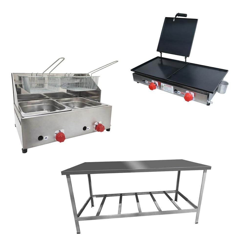 Kit Lanchonete Mesa de Manipulação 190x70cm + Fritadeira a Gás 2 Cuba + Chapa a Gás 60cm Alcamar