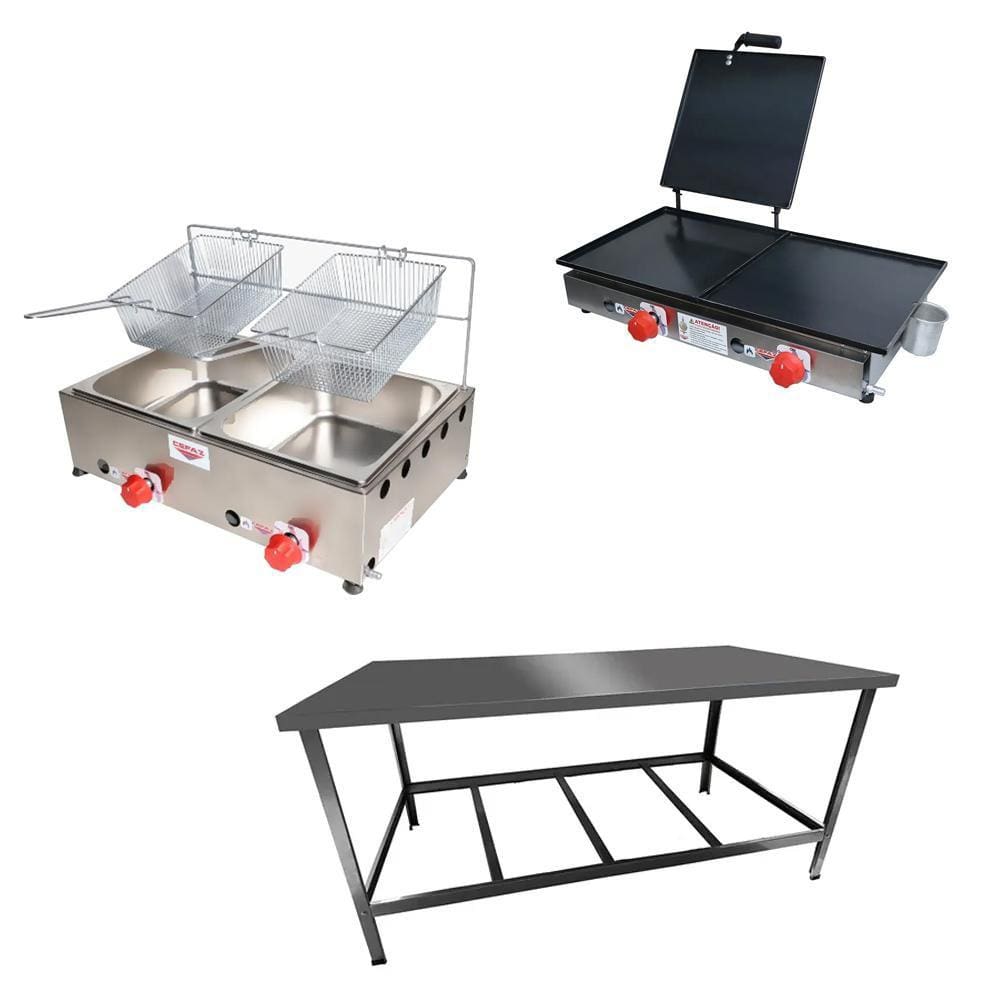 Kit Lanchonete Mesa de Manipulação 120x55cm + Fritadeira a Gás 2 Cuba + Chapa a Gás 60cm Alcamar