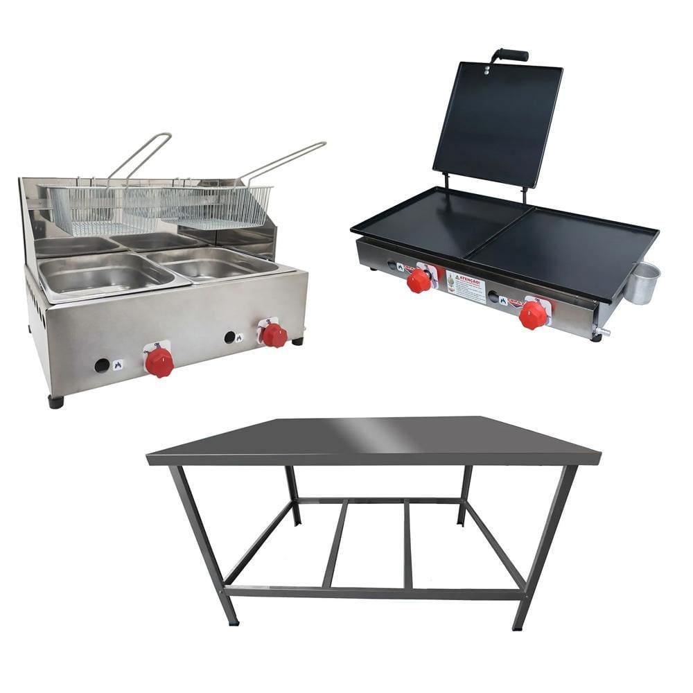 Kit Lanchonete Mesa de Manipulação 100x55cm + Fritadeira a Gás 2 Cuba + Chapa a Gás 60cm Alcamar