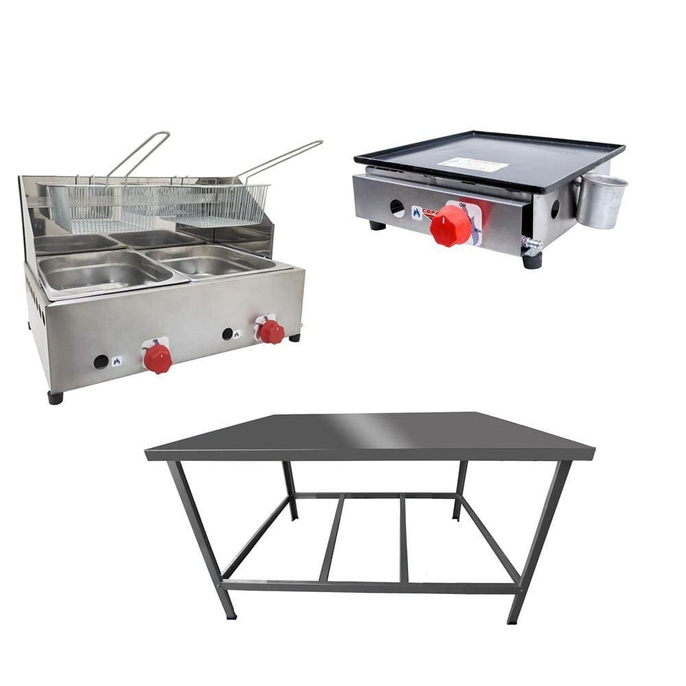 Kit Lanchonete Mesa de Manipulação 100x55cm + Fritadeira a Gás 2 Cuba + Chapa a Gás 30cm Alcamar