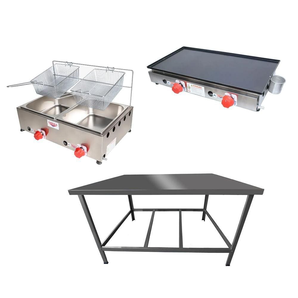 Kit Lanchonete Mesa de Manipulação 100x55cm + Fritadeira a Gás 2 Cuba + Chapa a Gás 60cm Alcamar