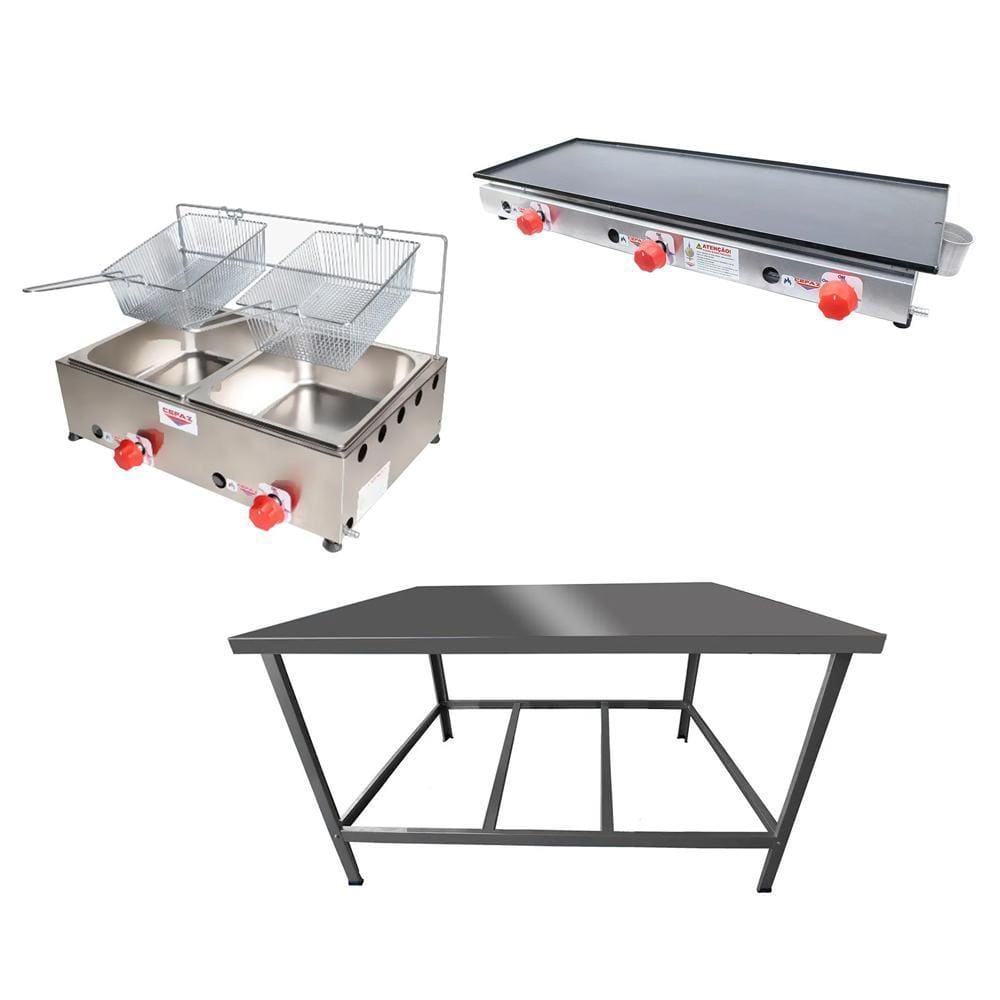 Kit Lanchonete Mesa de Manipulação 100x55cm + Fritadeira a Gás 2 Cuba + Chapa a Gás 90cm Alcamar
