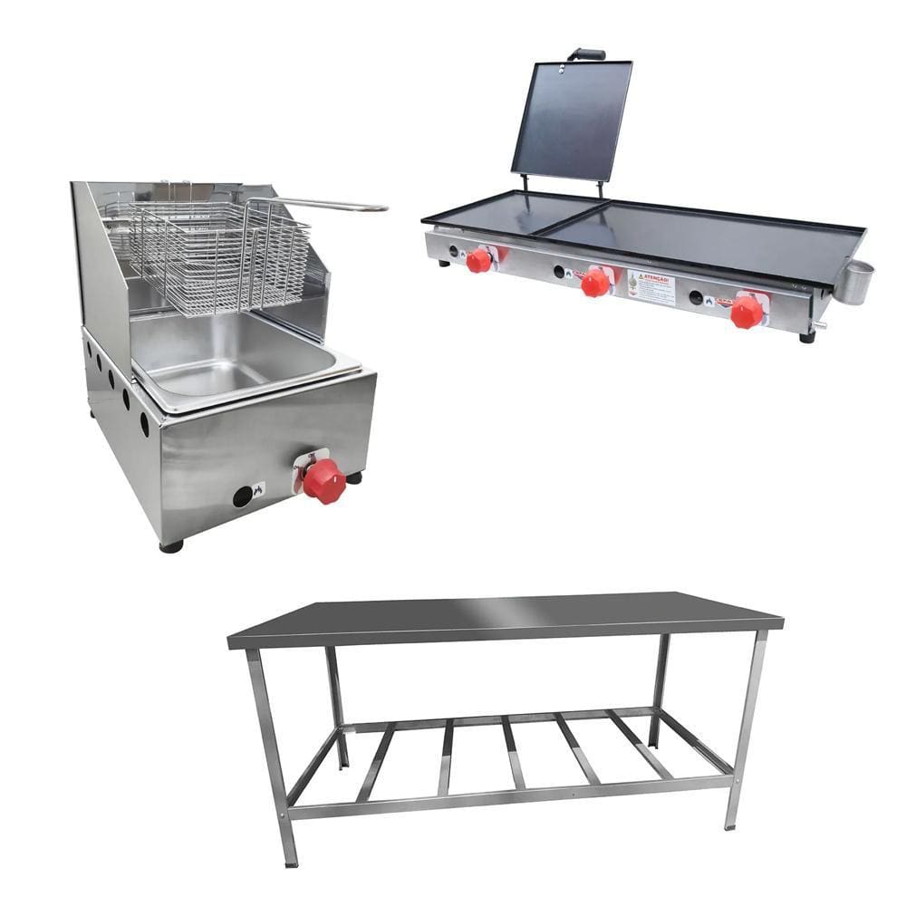 Kit Lanchonete Mesa de Manipulação 190x70cm + Fritadeira a Gás 1 Cuba + Chapa a Gás 90cm Alcamar