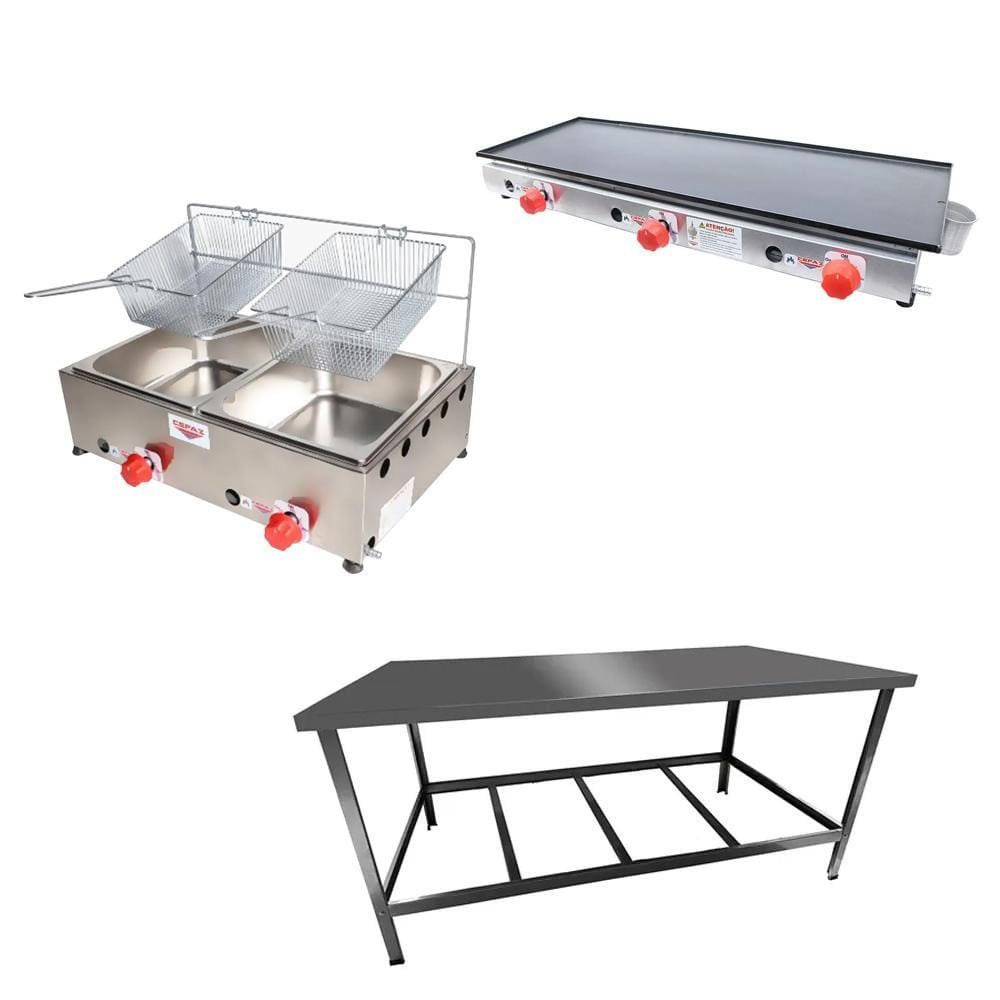 Kit Lanchonete Mesa de Manipulação 120x55cm + Fritadeira a Gás 2 Cuba + Chapa a Gás 90cm Alcamar
