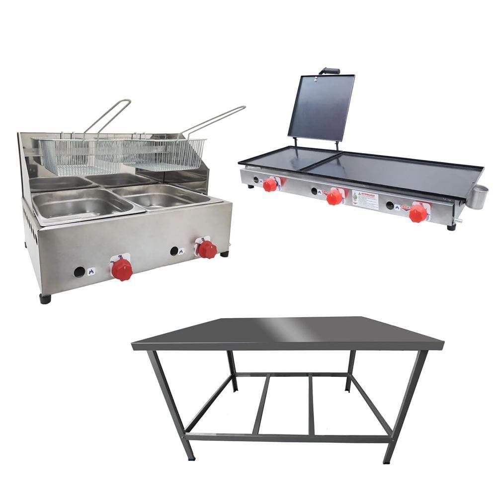 Kit Lanchonete Mesa de Manipulação 100x55cm + Fritadeira a Gás 2 Cuba + Chapa a Gás 90cm Alcamar