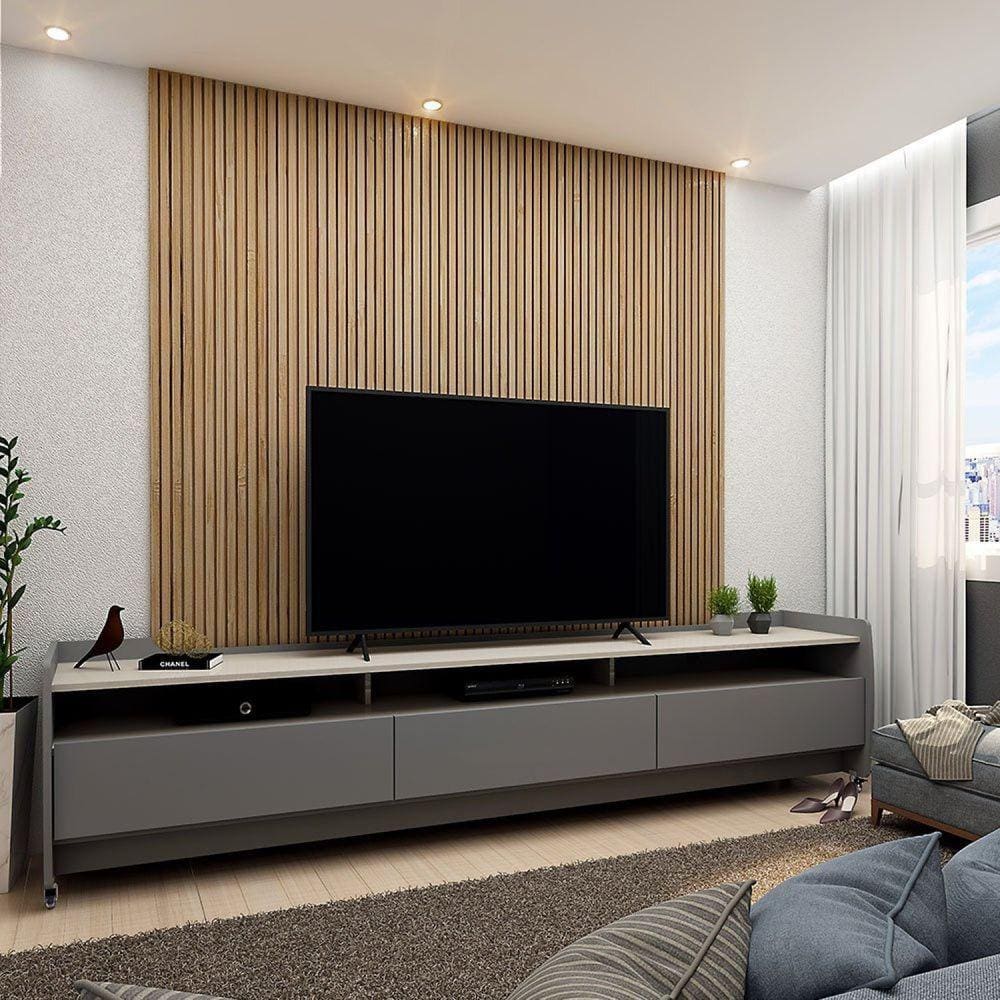 Rack para TV até 70 Polegadas com Rodízios 3 Gavetas 3 Nichos Sublime 220cm Gelius Móveis Cinza/Off White