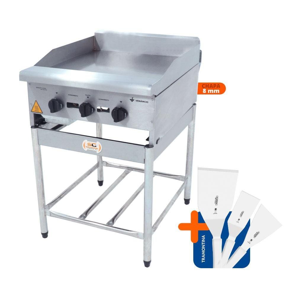 Chapa Americana Profissional 60cm a Gás 8mm Lisa Inox com Pé CGP60 e Conjunto de Espátulas - Venâncio