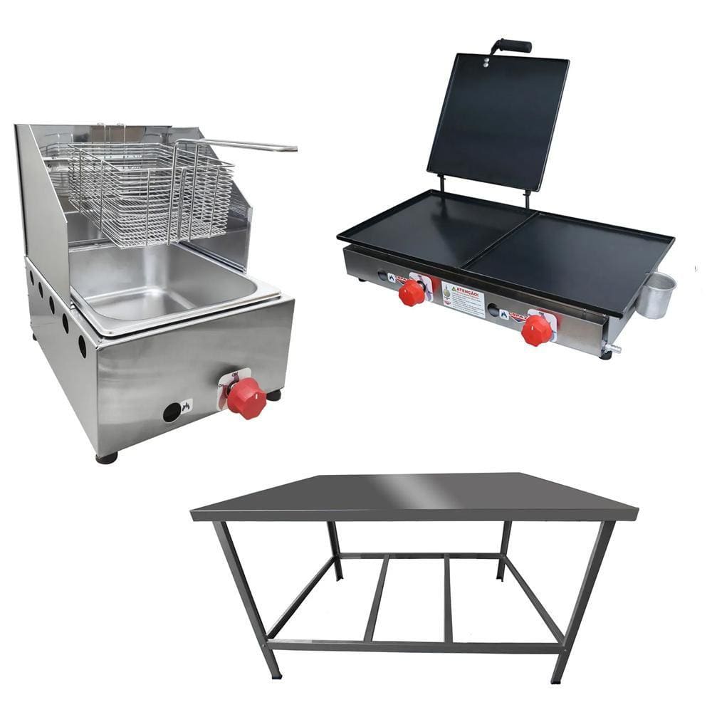 Kit Lanchonete Mesa de Manipulação 100x55cm + Fritadeira a Gás 1 Cuba + Chapa a Gás 60cm Alcamar