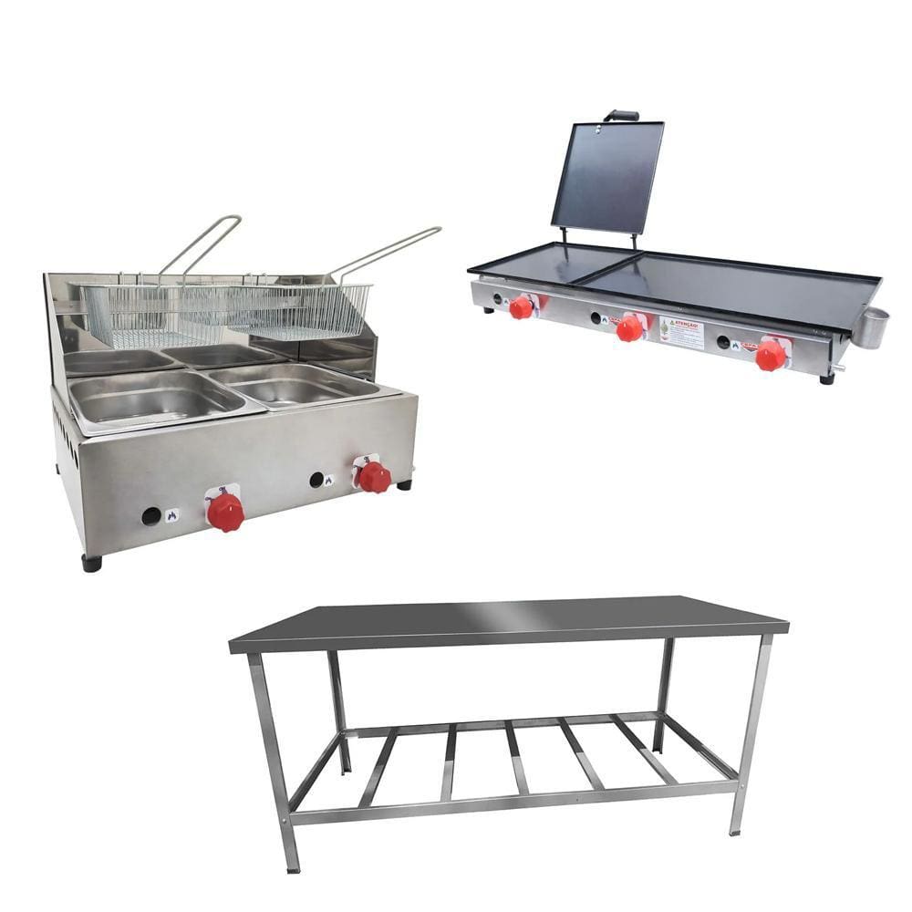 Kit Lanchonete Mesa de Manipulação 190x70cm + Fritadeira a Gás 2 Cuba + Chapa a Gás 90cm Alcamar