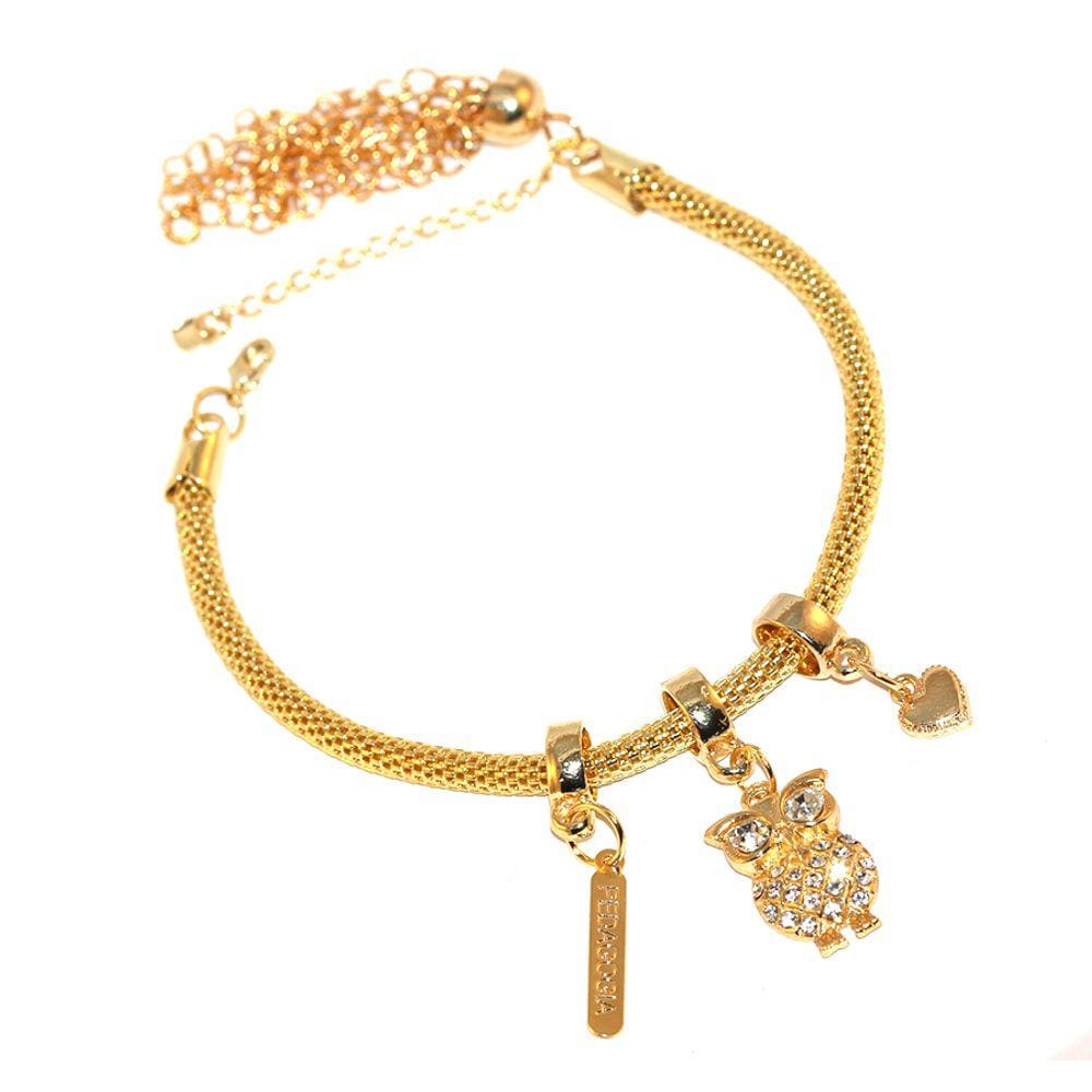 Pulseira Berloque Pedagogia Coruja Coração Folheado 18k