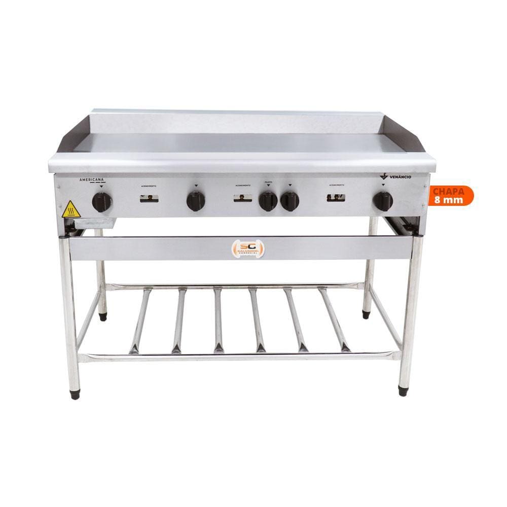 Chapa Americana Profissional 120cm a Gás 8mm Lisa Inox com Pé CGP120 - Venâncio