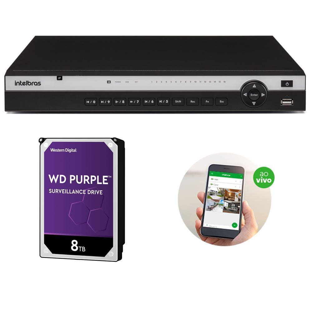 Gravador de Vìdeo NVR 16 Canais 4K PoE NVD 3316 P + HD 8 Tera Purple Intelbras