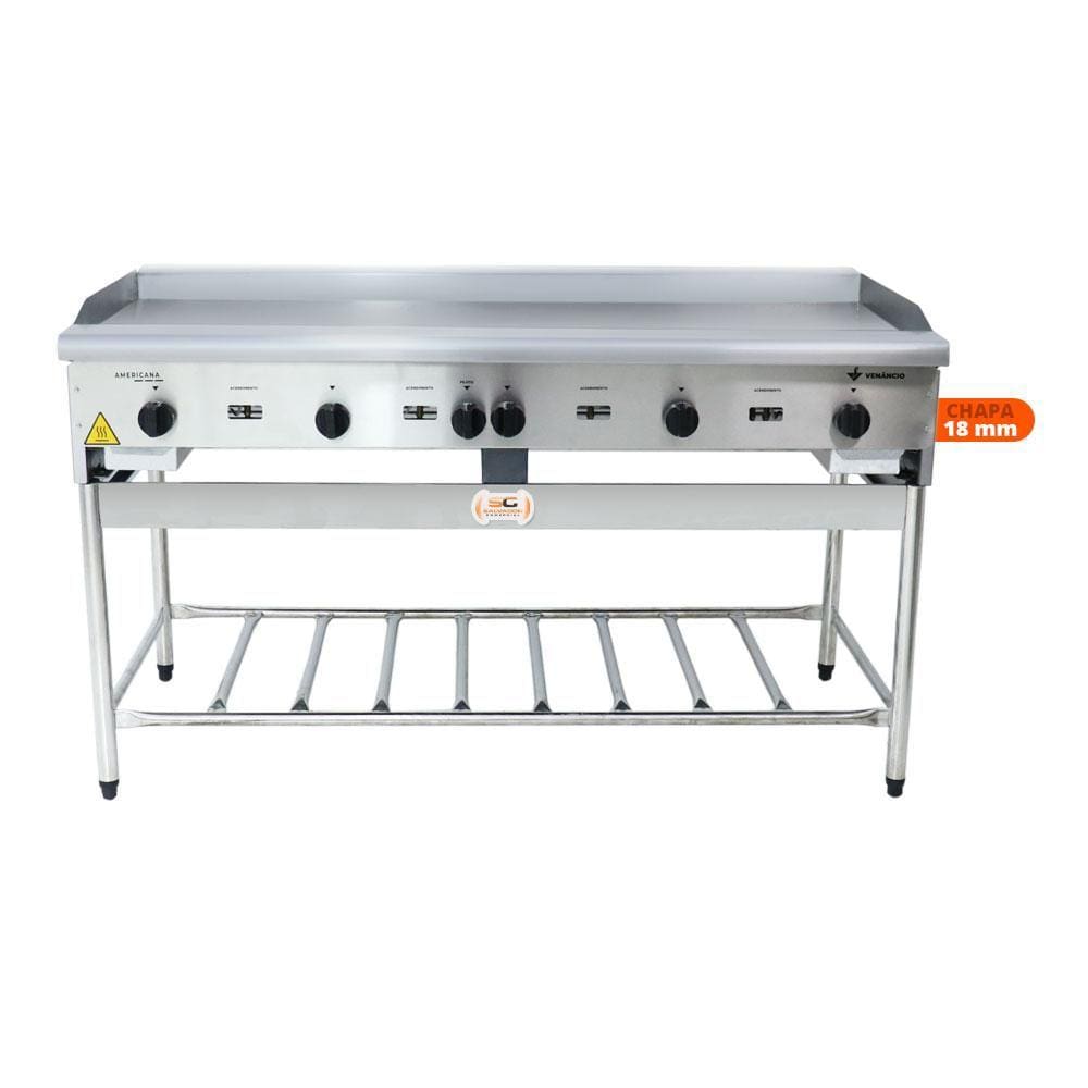Chapa Americana Profissional 150cm a Gás 18mm Lisa Inox com Pé CGP150 - Venâncio