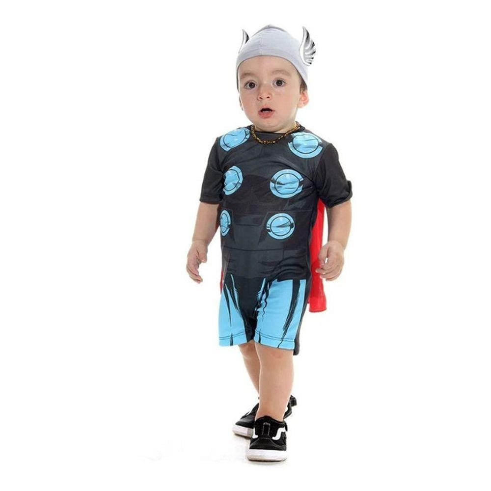 Fantasia Thor Bebê Macacão Curto C/ Capa + Touca Super Herói