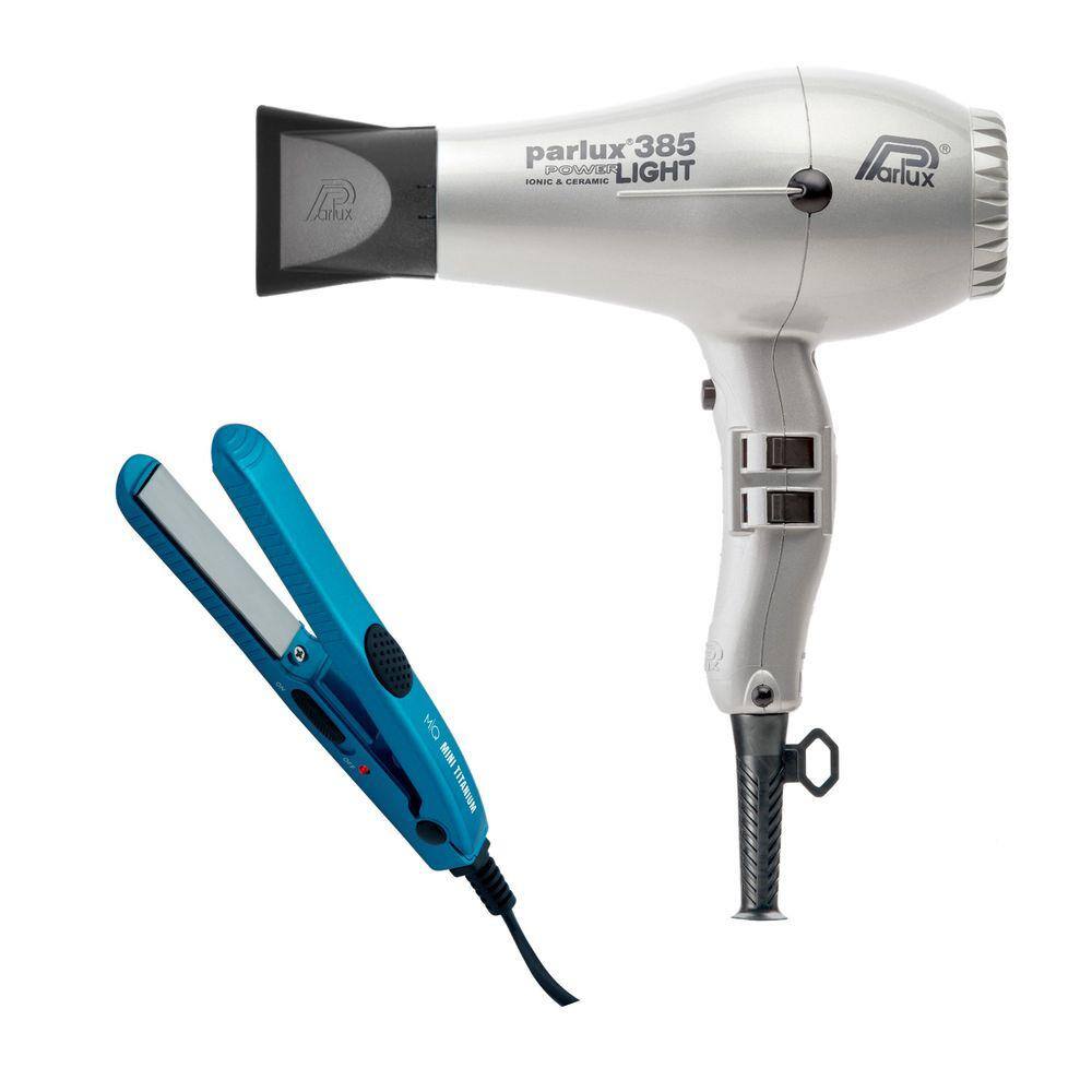 Kit Profissional Secador Parlux 385 Power Light Prata 2100W 127V + Prancha Mini Titanium Blue 204ºc