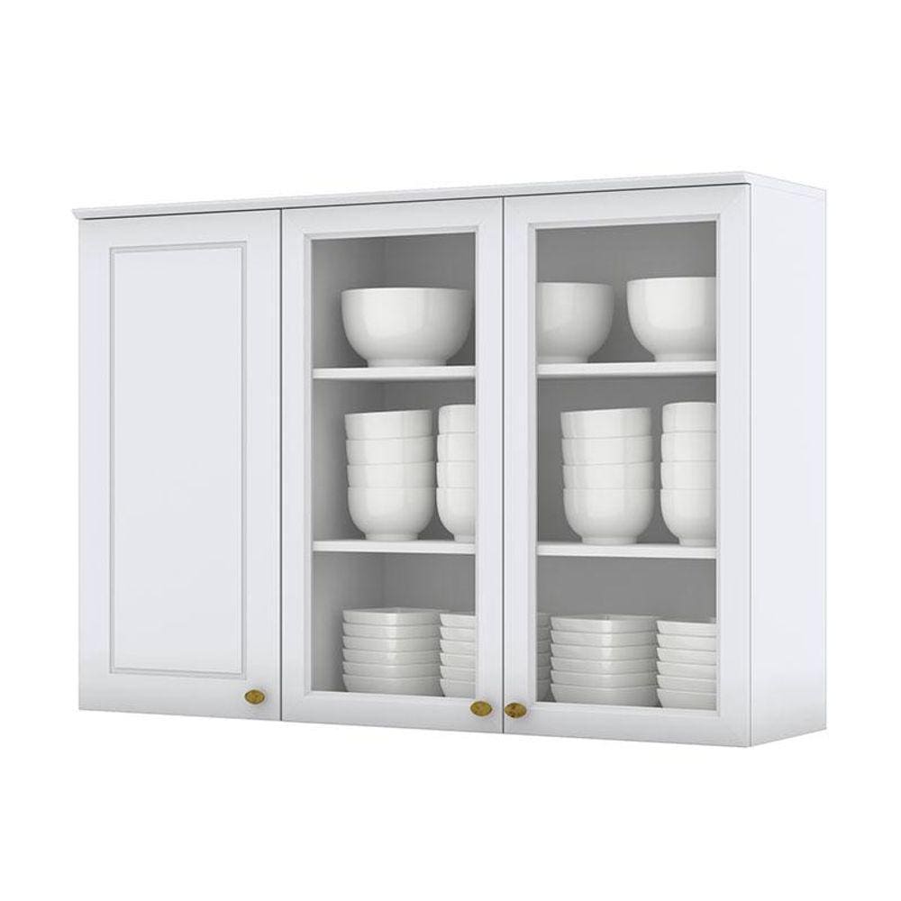 Armário Aéreo 3 Portas com Vidro 120 cm Americana Branco HP - Henn