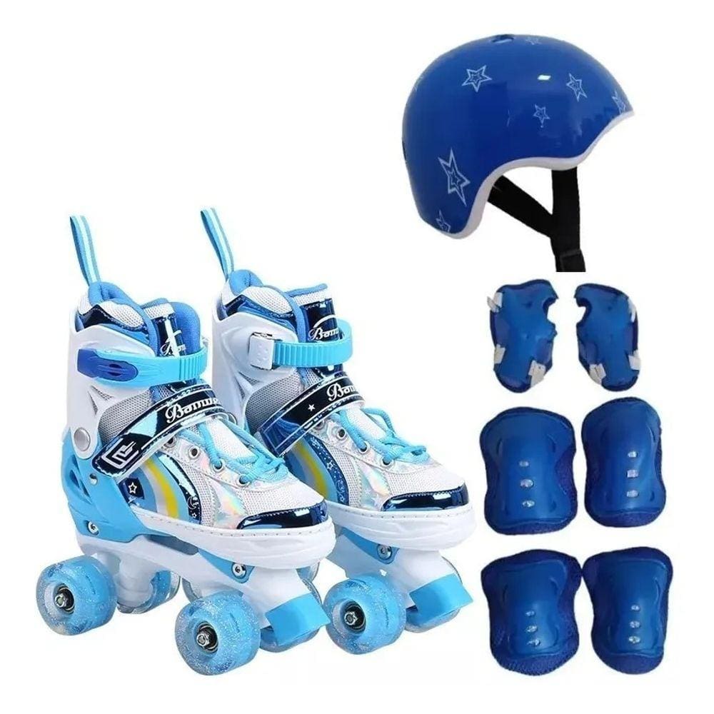 Patins Infantil Quad Ajustável+ Kit Proteção Rodas Led- AZUL- 28-32