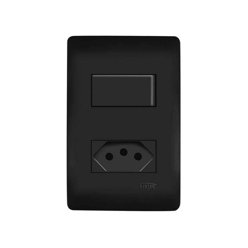 Interruptor Simples e Tomada 2P+T 20A Fame Habitat Black com Placa 4x2 Preto