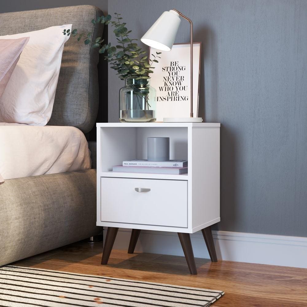 Mesa de Cabeceira Pequena Apoio Lateral Com 1 Nicho 1 Gaveta 4 Pés Quarto Branco