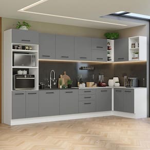 Armário de Cozinha Completa de Canto 499cm Branco/Cinza Agata Madesa 01