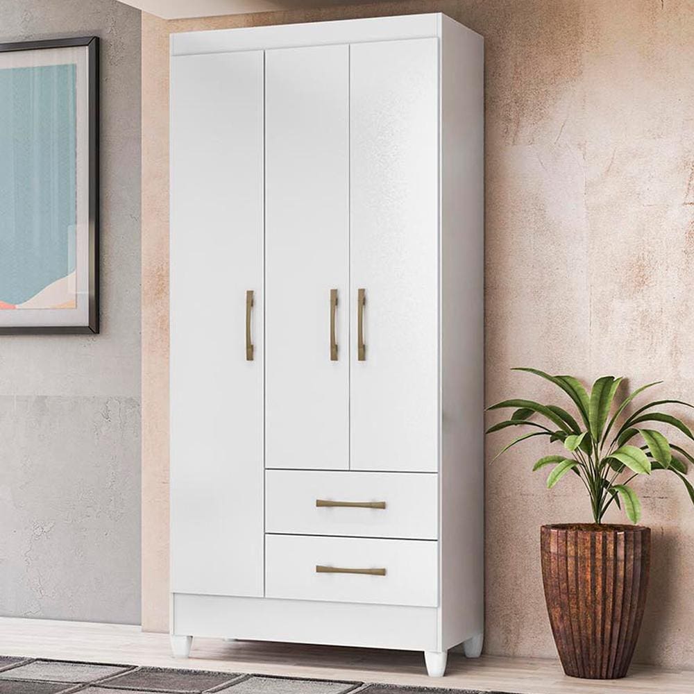 Guarda Roupa Solteiro 3 portas 2 gavetas Branco / Rosa Flex Lima - Moval