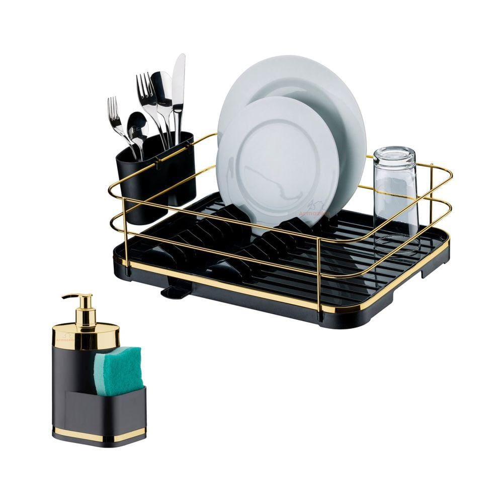 Kit Escorredor De Louças Dispenser Porta Detergente Líquido Esponja Preto Dourado - Future