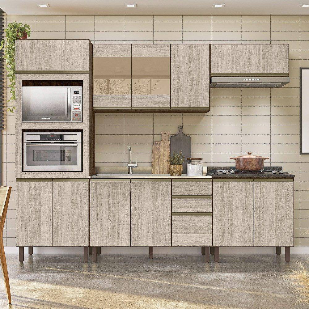 Cozinha Completa Modulada 18 Peças Ii 100% MDF Kali Premium Amendoa Arezzo  Rust Nicioli