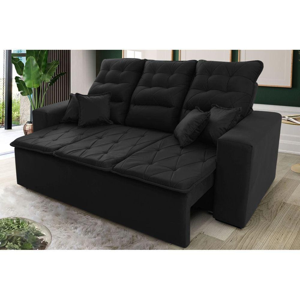 Sofá Retrátil Reclinável Europa 2,00m Suede Velut Preto c/ Molas Espirais - King House