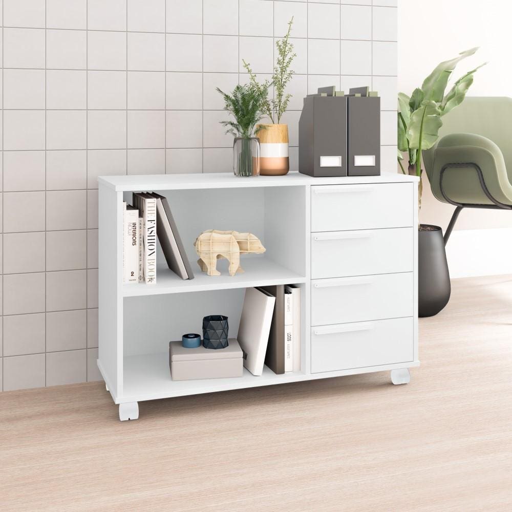 Balcão Gaveteiro 4 Gavetas 1 Prateleira 2 Nichos Organizador Home Office Quarto Escritório Branco