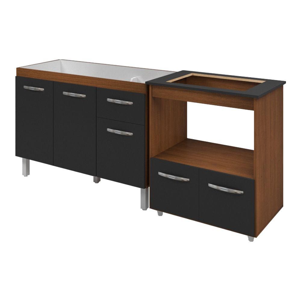 Armário Gabinete pia de 120 cm com Balcão Cooktop 4 Bocas e Forno Savana frente preta