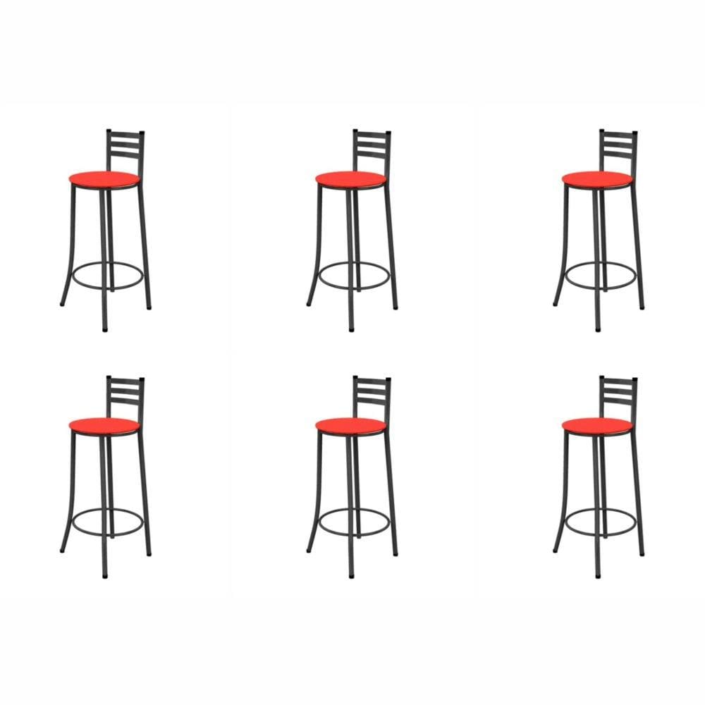 Kit 6 Banquetas Altas 003 Com Encosto Assento Preto/Vermelho