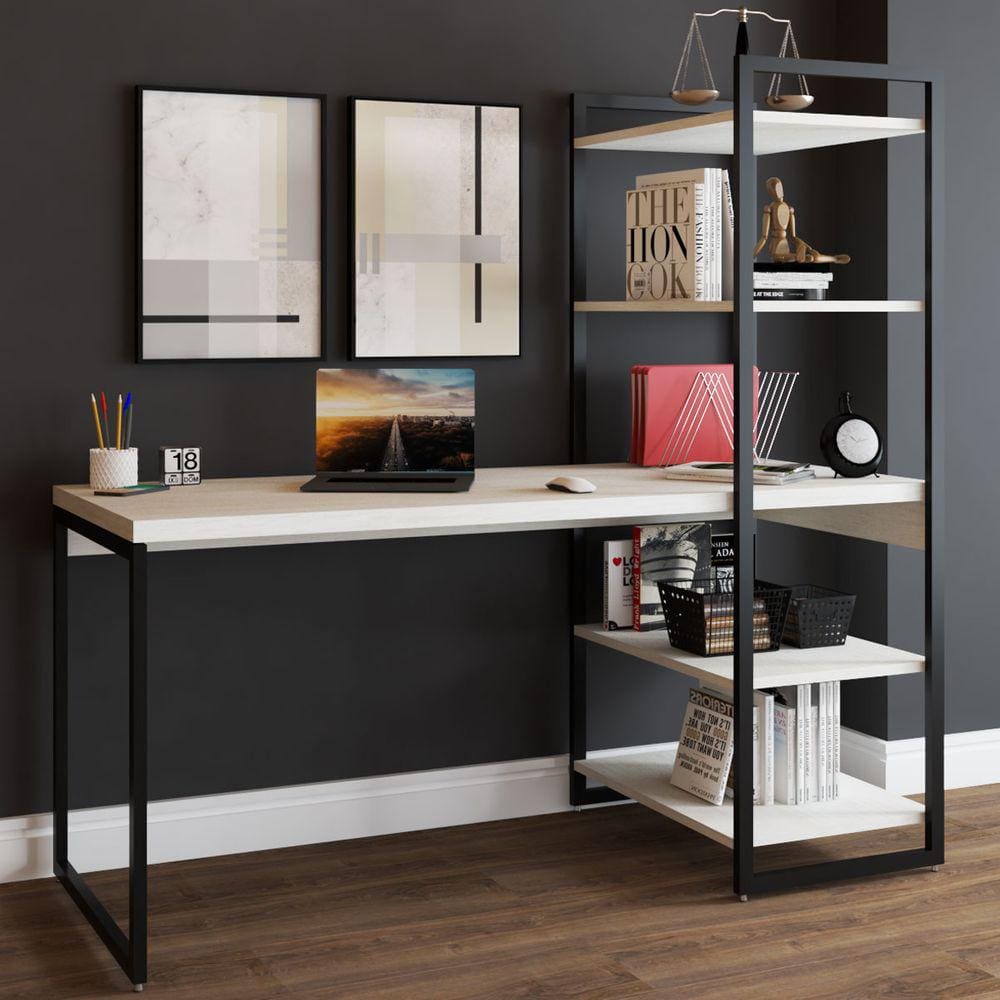 Mesa Escrivaninha Flex Industrial Aço 4 Prateleiras Snow/preto - Panorama Móveis