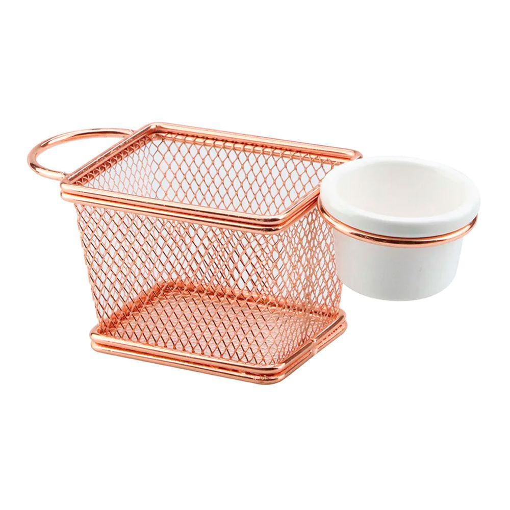 Cesta p/Alimentos Aço Inox Rosê c/Molheira Melamina 10x8x7,5