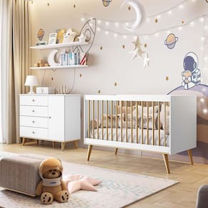 Quarto de Bebê Retrô Lígia Cômoda Fraldário Berço Grade de Madeira Branco
