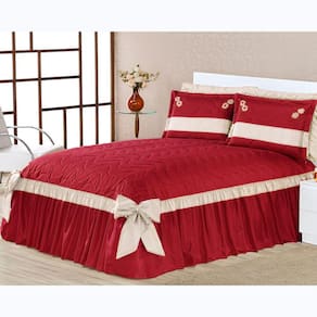 Colcha  Cama Queen 3 Peças Bordada Babado com Laço Bella