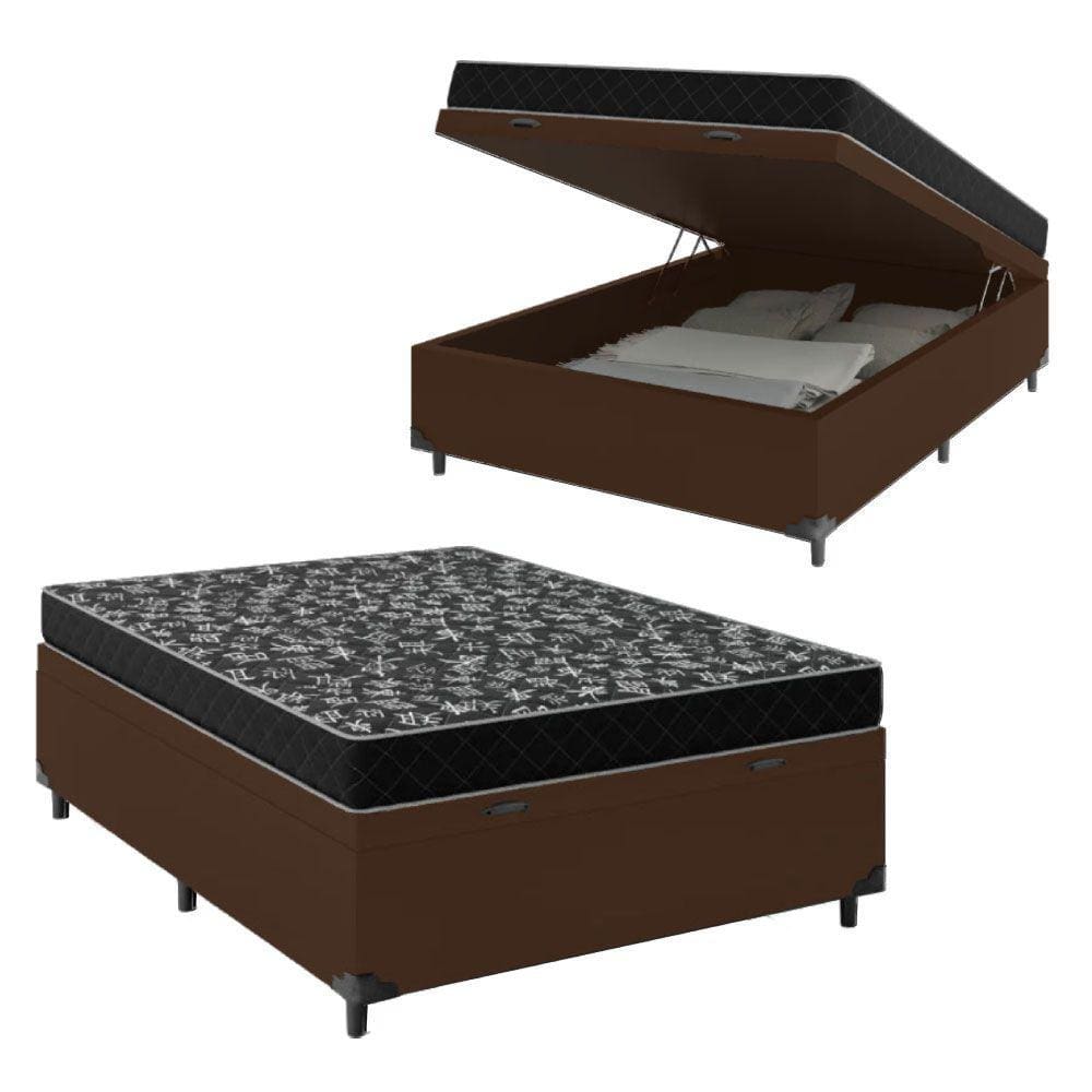 Cama Box Baú Casal 138 Sintético Marrom com Colchão de Espuma D20 - Tampo Preto 12cm