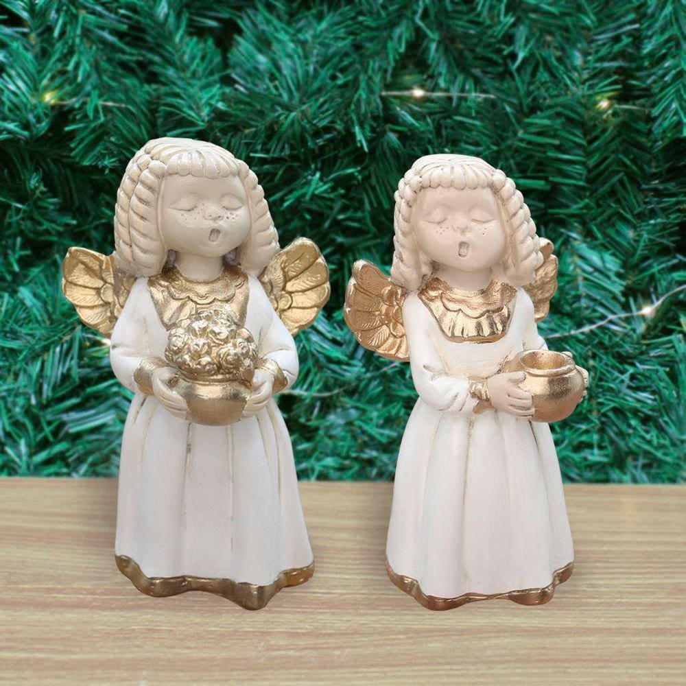 Par De Anjos De Gesso Branco Com Dourado Estátua Decorativa
