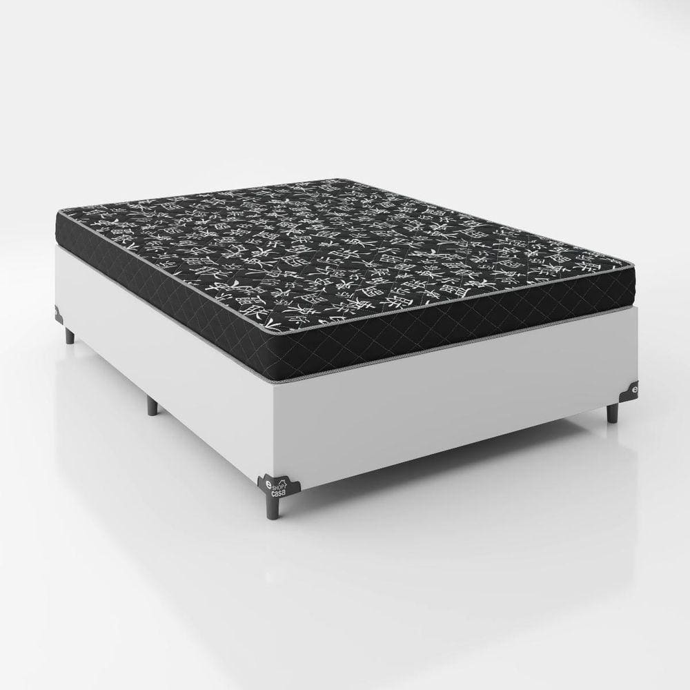Cama Box Casal 138 Tecido Sintético Branco  com  Colchão Espuma  D20 - Tampo Preto 12cm
