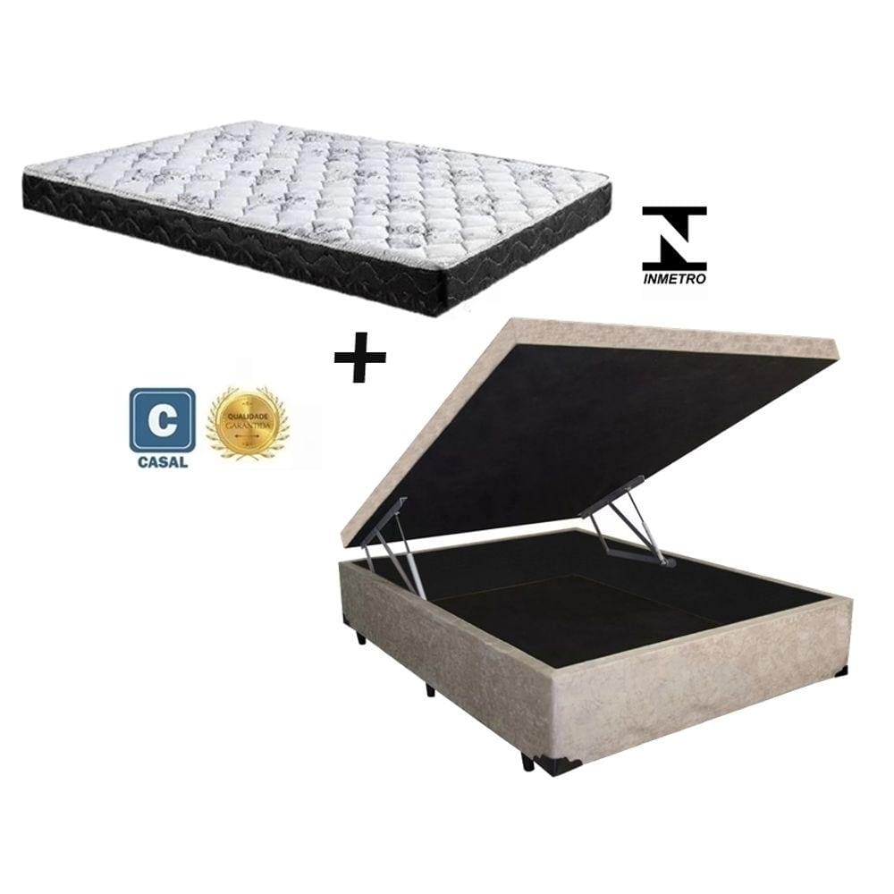 Cama Box Baú Casal Green Bege Suede + Colchão Espuma D33 138x188x8