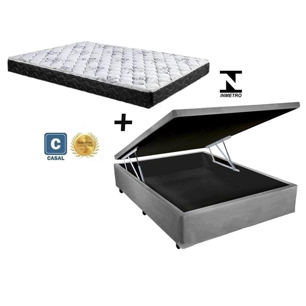 Cama Box Baú Casal Green Cinza + Colchão Espuma D33 138x188x8