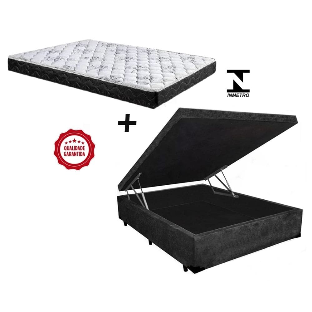Cama Box Baú Casal Green Preto Suede + Colchão Espuma D33 138x188x8