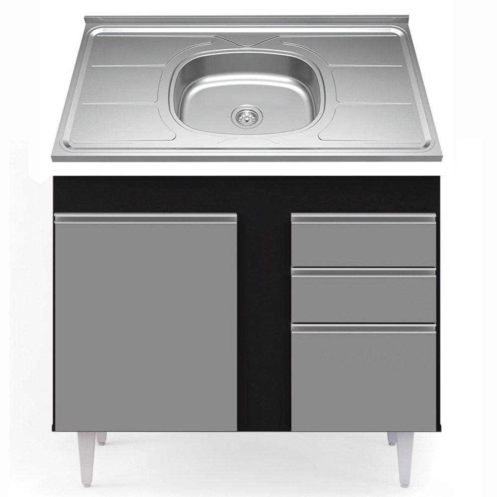 Balcão Gabinete Com Pia Inox 100cm 3 Portas 2 Gavetas Luziania Preto/Cinza - Lumil Móveis