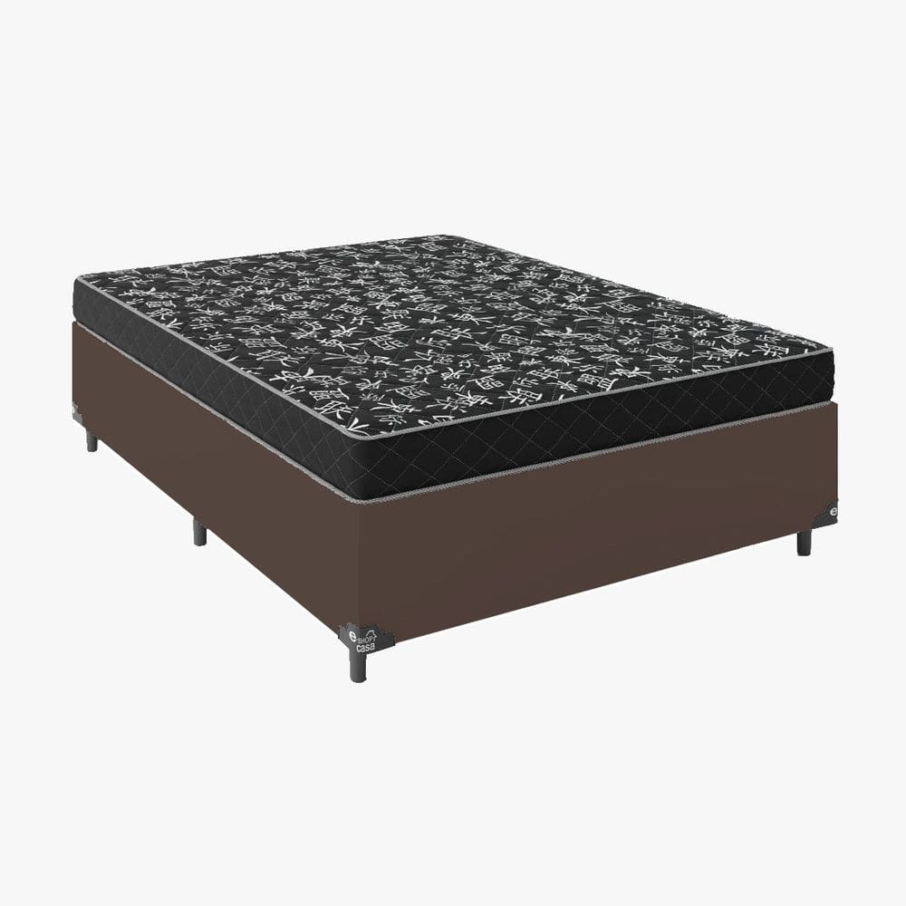 Cama Box Casal Tecido Sintético Marrom com Colchão Espuma  D20 - Tampo Preto 12cm
