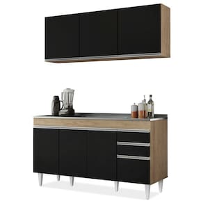 Armário Aéreo Argélia e Balcão Gabinete com Pia Inox Marrocos 150cm Castanho/Preto - Lumil