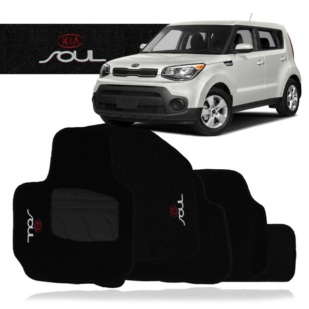 Jogo Tapete Carpete Automotivo Kia Soul 2010 a 2019 Preto 3 Peças Traseiro Inteiriço Bordado