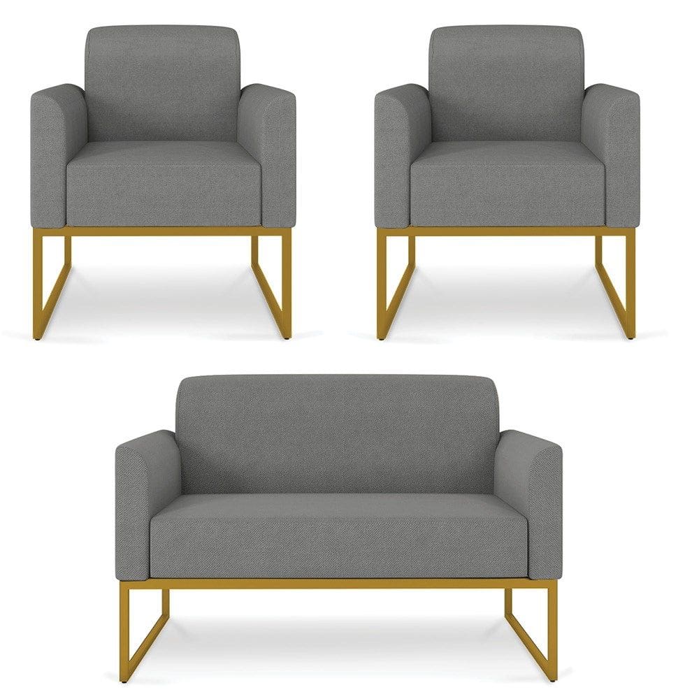 Kit Namoradeira e 2 Poltronas Decorativas Base Industrial Dourada Maressa A26 Linho Grafite - Ibiza