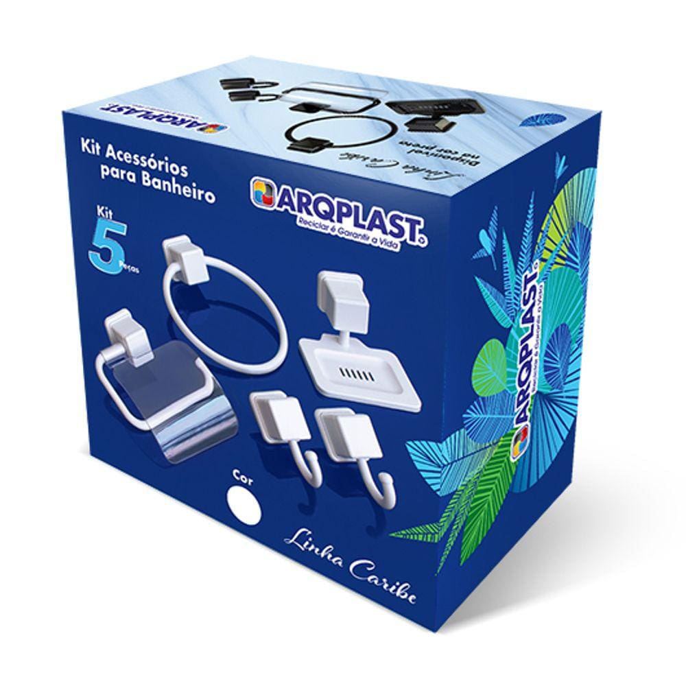 Kit Acessorios Para Banheiro Com 5 Peças Desmontado De Plastico Linha Caribe - Branco